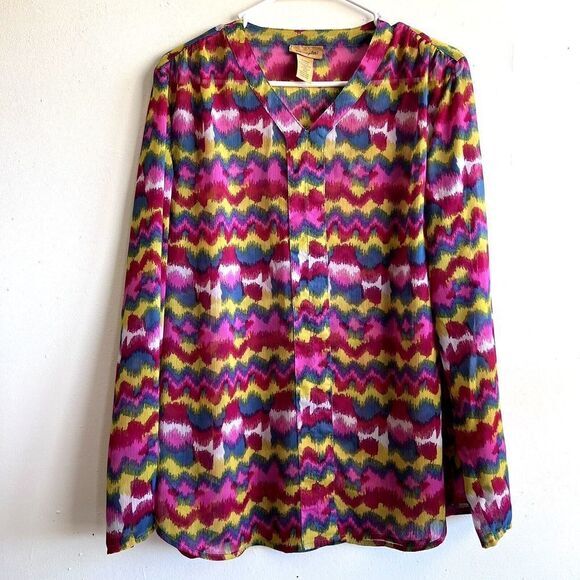 WRANGLER Women's Long Sleeve Multicolor V Neck Blouse Made in India - Picture 1 of 9